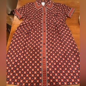 Kate Hill 100% Silk Geometric Midi Shirt Dress Women’s Size 14P. Red White Blue
